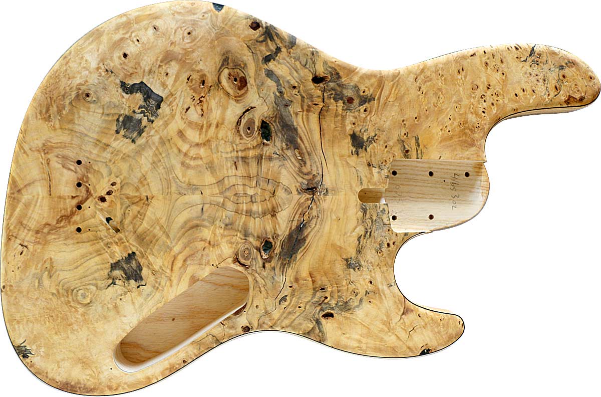 4-string bass body with Buckeye Burl top, Ash body